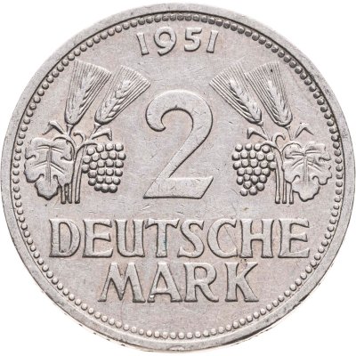 купить Германия 2 марки 1951, знак монетного двора: "F" - Штутгарт