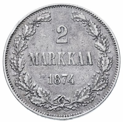 Купить 2 марки (markkaa) 1874 S, монета для Финляндии