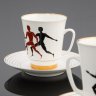 Купить Набор из трёх кофейных пар "Бег. Олимпиада-80", автор формы Э.М. Криммер, фарфор, деколь, золочение, Ленинградский фарфоровый завод (ЛФЗ), СССР, 1980 г.