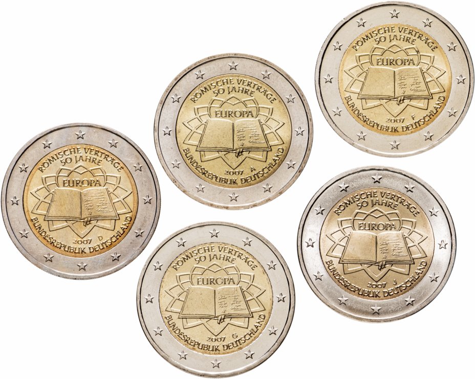 купить Германия полный комплект 2 евро 2007 "50 лет Римскому договору", дворы A, D, F, G, J