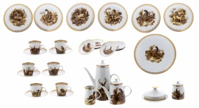 Купить Сервиз чайно-кофейный "Охотничий" на 6 персон (30 предметов), фарфор, деколь, золочение, "Freiberger Porzellan", ГДР, 1970-1980 гг.