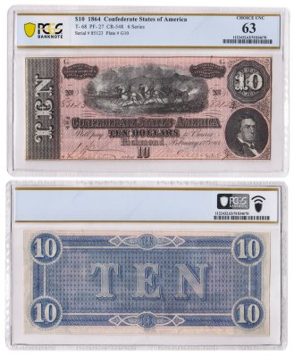 купить США, Конфедераты (Конфедеративные штаты Америки - КША), 10 долларов 1864 времен Гражданской войны в США, в слабе PCGS 63 CHOICE UNC