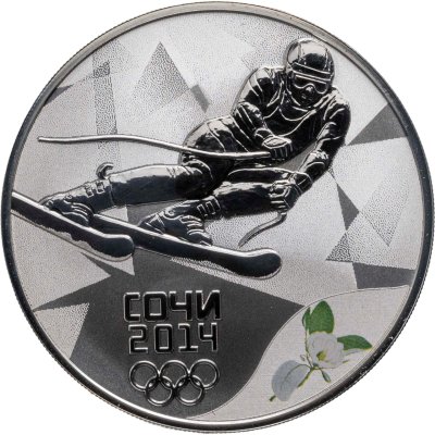 купить 3 рубля 2014 СПМД Proof "горные лыжи - Сочи Олимпиада" в футляре с сертификатом