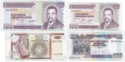 купить Бурунди набор из 4 банкнот 50, 100, 500 франков 2001-2013