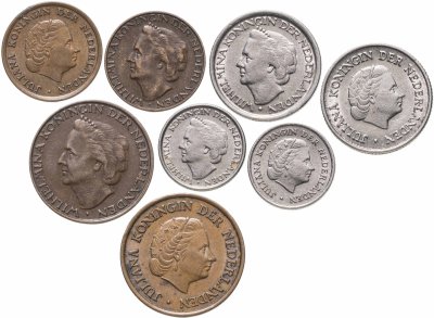 купить Нидерланды, набор из 8 монет 1948-1965 года, Две королевы - Вильгельмина и Юлиана