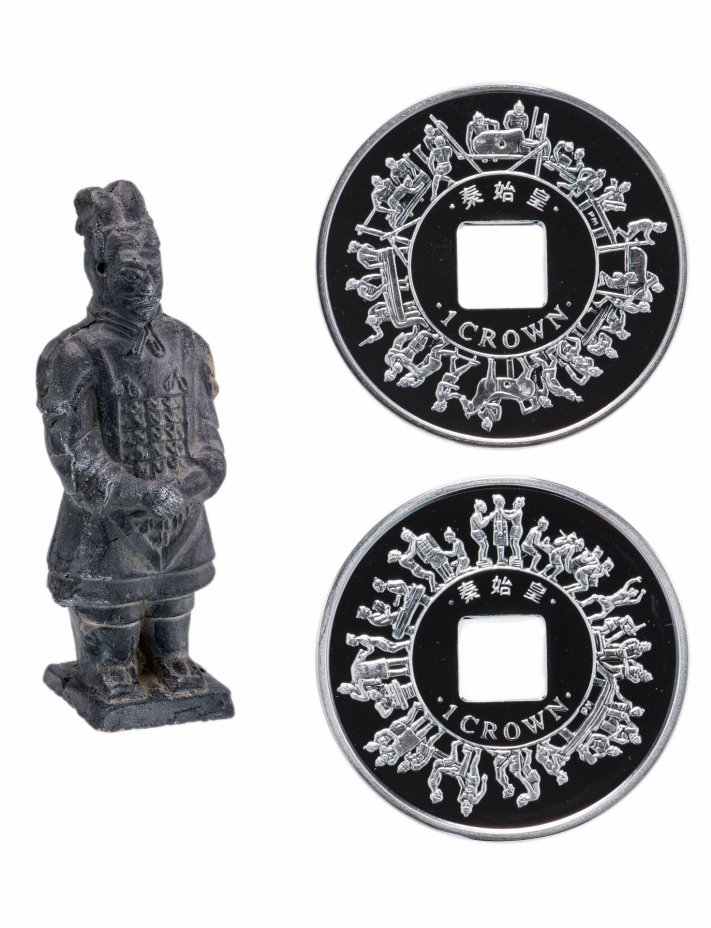 купить Остров Мэн 1 крона 2009 набор из 2-х монет "Терракотовая армия" в футляре, с фигуркой