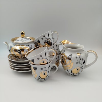 купить Сервиз кофейный "Золотая роза" на 5 персон (12 предметов), фарфор, деколь, золочение, Дмитровский фарфоровый завод (ДФЗ Вербилки), СССР, 1965-1991 гг.