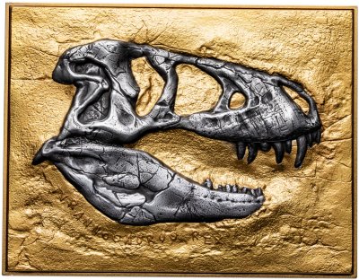 купить Чад 5000 франков 2023 "Динозавр Тираннозавр позолота" в футляре с сертификатом