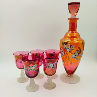 купить Набор для крепких напитков с цветочным декором и обсыпкой (графин и 5 бокалов), стекло, роспись, налепы, Чехословакия, 1970-1990 гг.