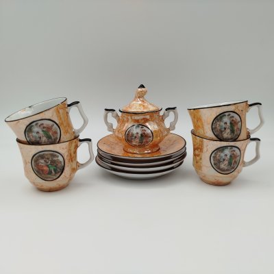 купить Набор кофейный "Мадонна" с декором в виде разводов (4 кофейные пары и сахарница), фарфор, люстр, деколь, Европа, 1970-1990 гг.