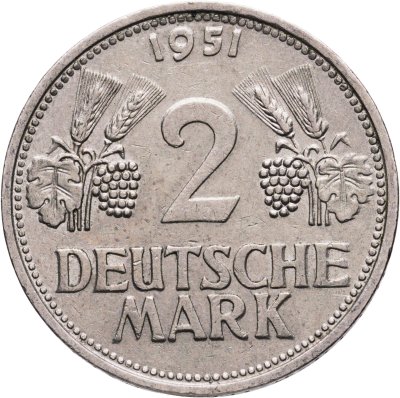 купить Германия 2 марки 1951, знак монетного двора: "G" - Карлсруэ