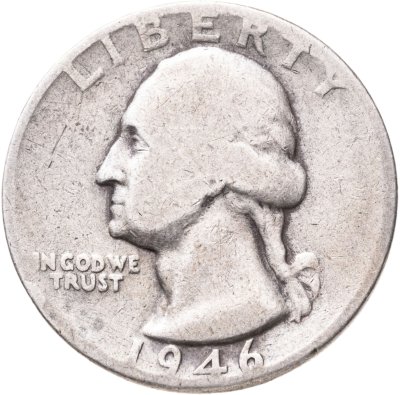 купить США 25 центов (квотер, 1/4 доллара, quarter dollar) 1946 Washington Quarter Без отметки монетного двора