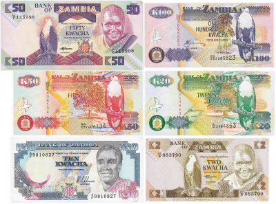 купить Замбия набор из 6 банкнот 2, 10, 20, 50, 100 квача 1992-2008