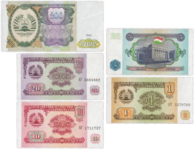 купить Таджикистан набор из 5 банкнот 1, 5, 10, 20, 200 рублей 1994