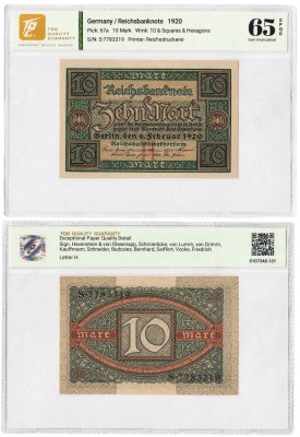 купить Германия 10 марок 1920 в слабе TQG MS 65 UNC