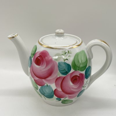 купить Чайник заварочный с расписным цветочным декором, фарфор, роспись, золочение, Кузяевский фарфоровый завод, СССР, 1963-1991 гг.