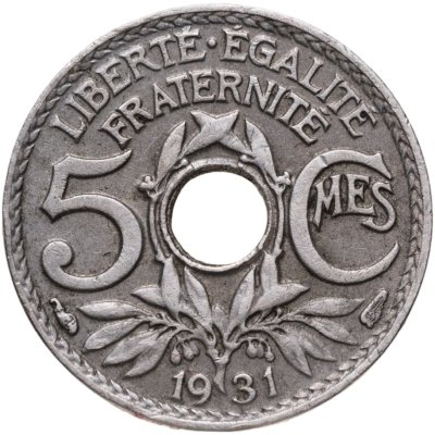 купить Франция 5 сантимов (centimes) 1931 Новый тип: Отверстие в центре