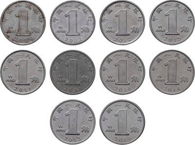 купить Китай набор из 10 монет 1 цзяо 2002-2015