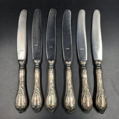 купить Набор из шести десертных/закусочных ножей с растительным декором, сталь, мельхиор, Латвия, 1930-1960 гг.