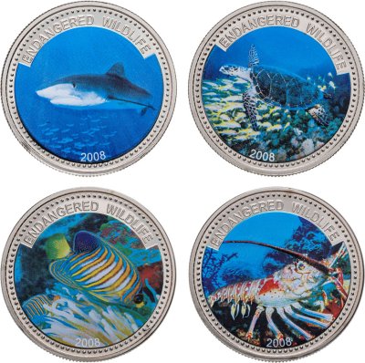 купить Палау набор 1 доллар 2008 "Исчезающая дикая природа - тигровая акула, морская черепаха, королевский ангел, омар" из 4 монет