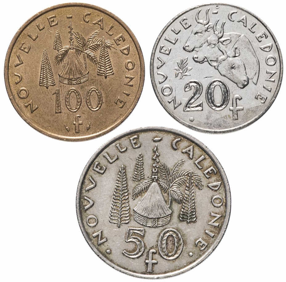 купить Новая Каледония набор из 3-х монет 20, 50 и 100 франков 1972-2005, случайная дата