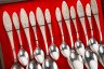 Купить Набор столовых приборов на 6 персон, украшенных растительным декором, в коробке (28 предметов), мНЦ (медь-никель-цинк), картон, ткань, Режевский механический завод (РМ), СССР, 1970-1990 гг.