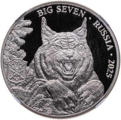 купить Камерун 500 франков CFA 2025 СПМД "Рысь. Охота. Трофеи охотников", в слабе ННР PROOF 70