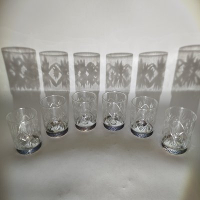 купить Набор из 6 стопок с резным декором в родной коробке, хрусталь, мельхиор, СССР, 1980-1990 гг.