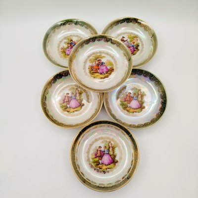 купить Набор из 6-ти миниатюрных салатников, украшенных сюжетами по мотивам картин Фрагонара, фарфор, деколь, люстр, золочение, Bavaria Porzellan, Германия, 1950-1970 гг.
