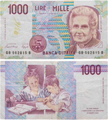 купить Италия 1000 Лир 1990 "Мария Монтессори. Школа Монтессори"(Pick 114с)