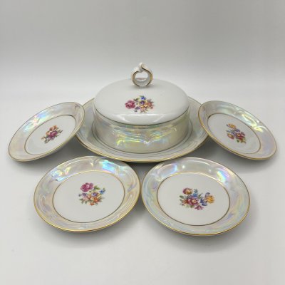 купить Набор для сервировки (масленка и 4 розетки), украшенный цветочным декором, фарфор, деколь, люстр, золочение, Spezial Eisenberg Porzellan (SEP), ГДР, 1960-1980 гг.