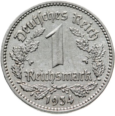 Купить Германия, Третий рейх 1 рейхсмарка (reichsmark) "J" 1934