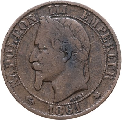 купить Франция 5 сантимов (centimes) 1861 A знак монетного двора: "A" - Париж