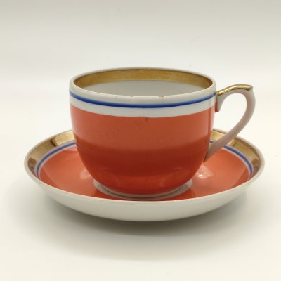 купить Пара чайная в насыщенной оранжево-синей гамме, фарфор, крытье, обводка, золочение, Дмитровский фарфоровый завод (ДФЗ Вербилки), СССР, 1954-1965 гг.