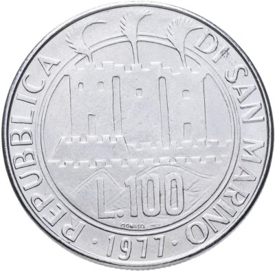 купить Сан-Марино 100 лир (lire) 1977 Экология - кольцо из звёздочек на реверсе