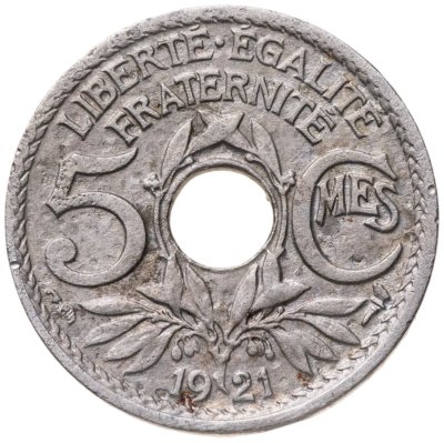 купить Франция 5 сантимов (centimes) 1921 Новый тип: Отверстие в центре