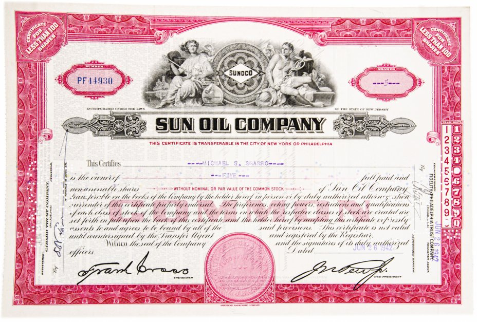 купить Акция США SUN OIL COMPANY 1942 г.
