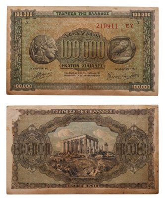 купить Греция - 100000 драхм 1944 "Монета Тетрадрахма. Храм Афеи Афины (остров Эгина)" Pick - 125a(1)