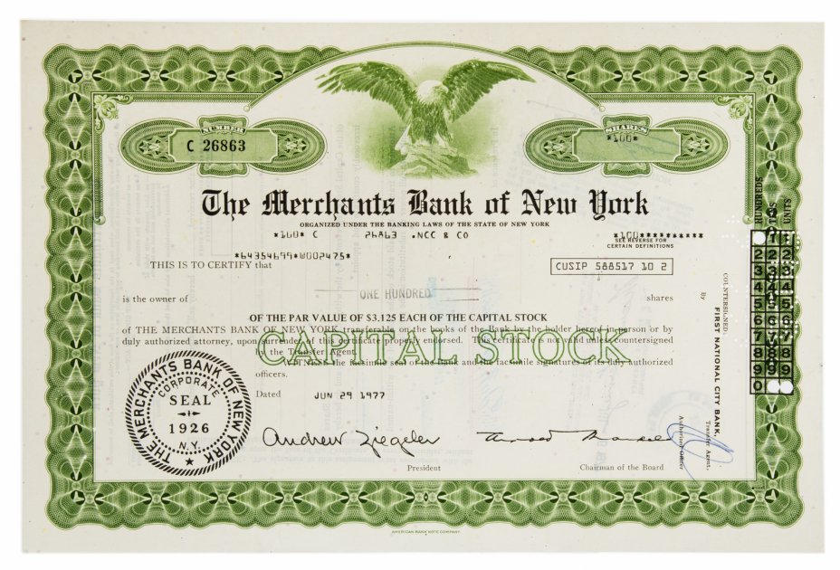 купить Акция США  The Merchants Bank of New York , 1977 г.