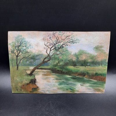 купить Эскиз "Летний пейзаж с водоемом", подпись "Г.Н.", картон, масло, СССР, 1970-1990 гг.