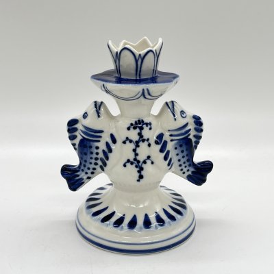 купить Подсвечник для одной свечи "Рыбы", фарфор, роспись, Объединение «Гжель», СССР, 1972-1985 гг.