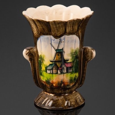 купить Ваза декоративная, украшенная изображением ветряной мельницы, H. Bequet Quaregnon, керамика, крытье, золочение, Бельгия, 1950-1970 гг.
