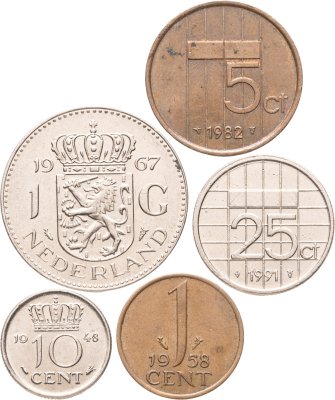 купить Нидерланды набор из 5 монет 1, 5, 10, 25 центов и 1 гульден 1948-1991