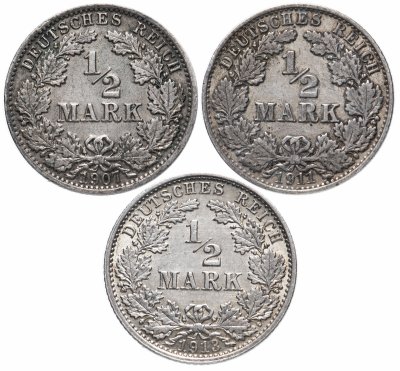 купить Германия набор из 3-х монет 1/2 марки 1907-1913