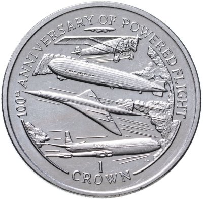 купить Остров Мэн 1 крона (crown) 2003 "100 лет со дня полёта моторного самолёта /самолёты и дирижабль/"