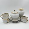 Купить Набор для подачи кофе и чая на три персоны (10 предметов), украшенный лаконичным декором, фарфор, золочение, Дулевский фарфоровый завод (Дулёво), СССР, 1987 г.