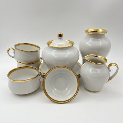 купить Набор для подачи кофе и чая на три персоны (10 предметов), украшенный лаконичным декором, фарфор, золочение, Дулевский фарфоровый завод (Дулёво), СССР, 1987 г.