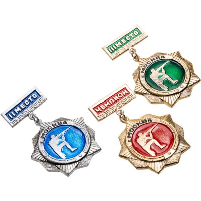 купить Комплект из 3-х призовых значков соревнований по стрельбе Комитета по физ. культуре и спорта, СССР, УПП Всероссийского общества глухих, 1980-е гг.