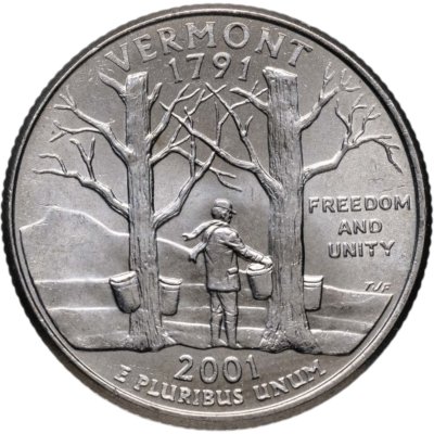 купить США 1/4 доллара (квотер, 25 центов) 2001 P "Штат Вермонт", знак монетного двора Р- Филадельфия