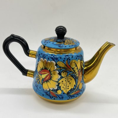 купить Заварочный чайник с расписным декором в голубом оттенке, мНЦ (медь-никель-цинк), Кольчугинский завод цветных металлов, СССР, 1960-1980 гг.
